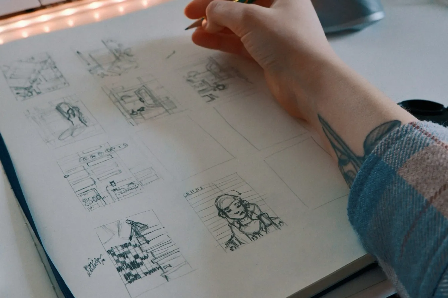 Main d'un adulte qui dessine au crayon sur un bureau